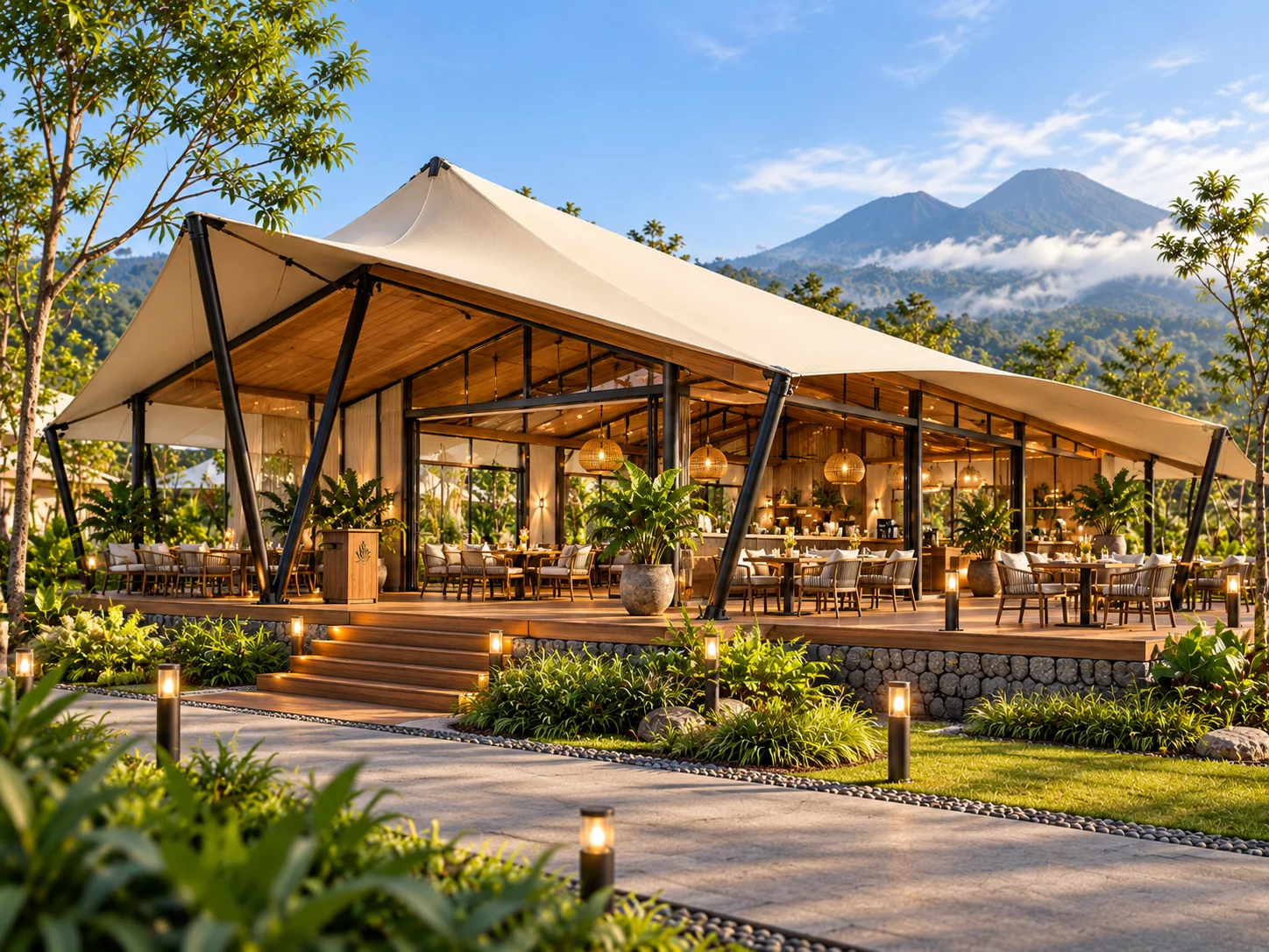 Visualisasi restoran terbuka AGHNI dengan lanskap pegunungan